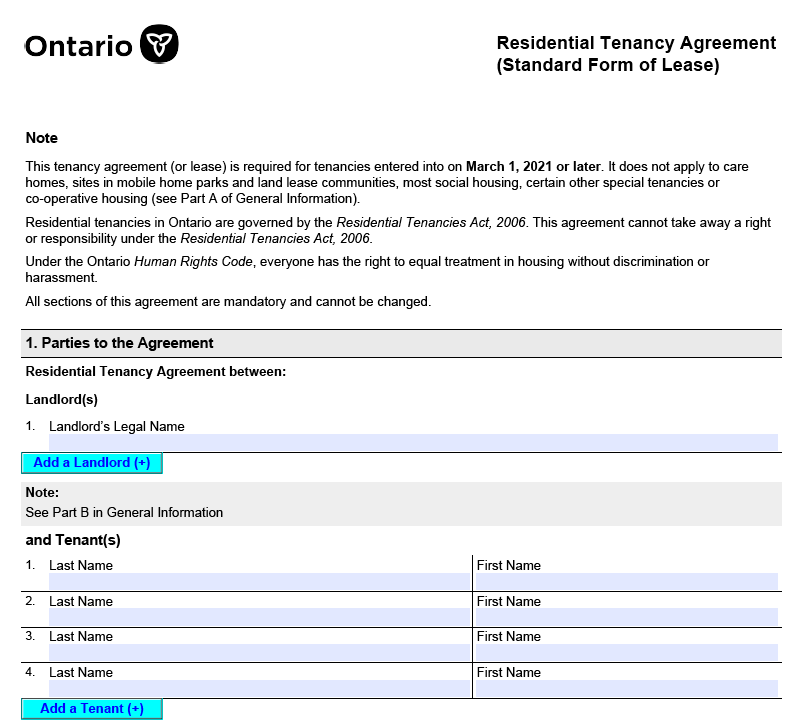Ontario Residential Tenancy Agreement (Standard Form of Lease)